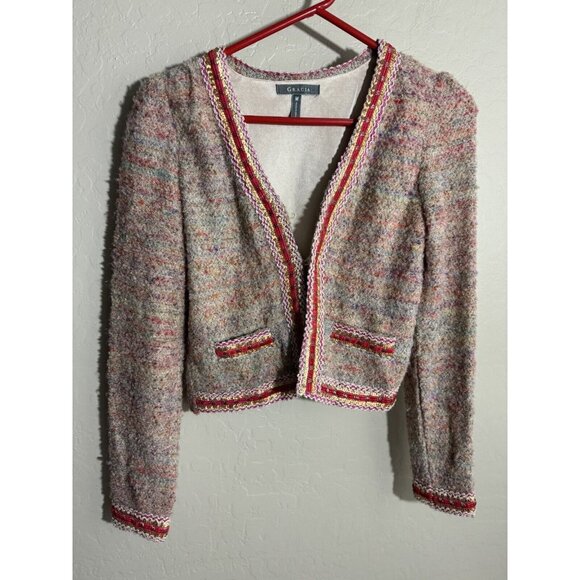 Gracia Sweaters - Gracia Crop Jacket Medium Tweed Pastel Silver Glitter Contrast Denim